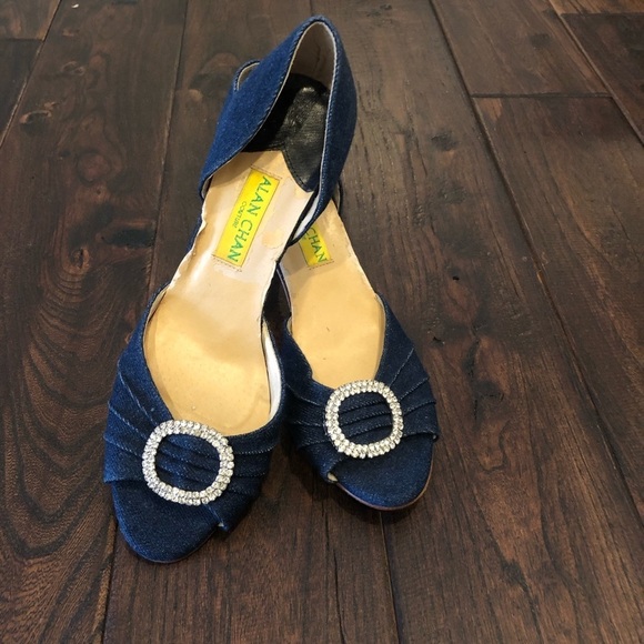 Alan Chan Denim Blue Kitten Heels Size 37.5 - Picture 3 of 10